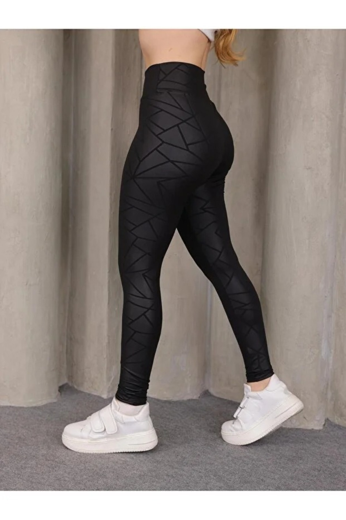 OsmanogluWear Siyah Kadın Geometrik Desenli Dalgıç Kumaş - Yüksel Bel - Toparlayıcı Tayt görsel 2