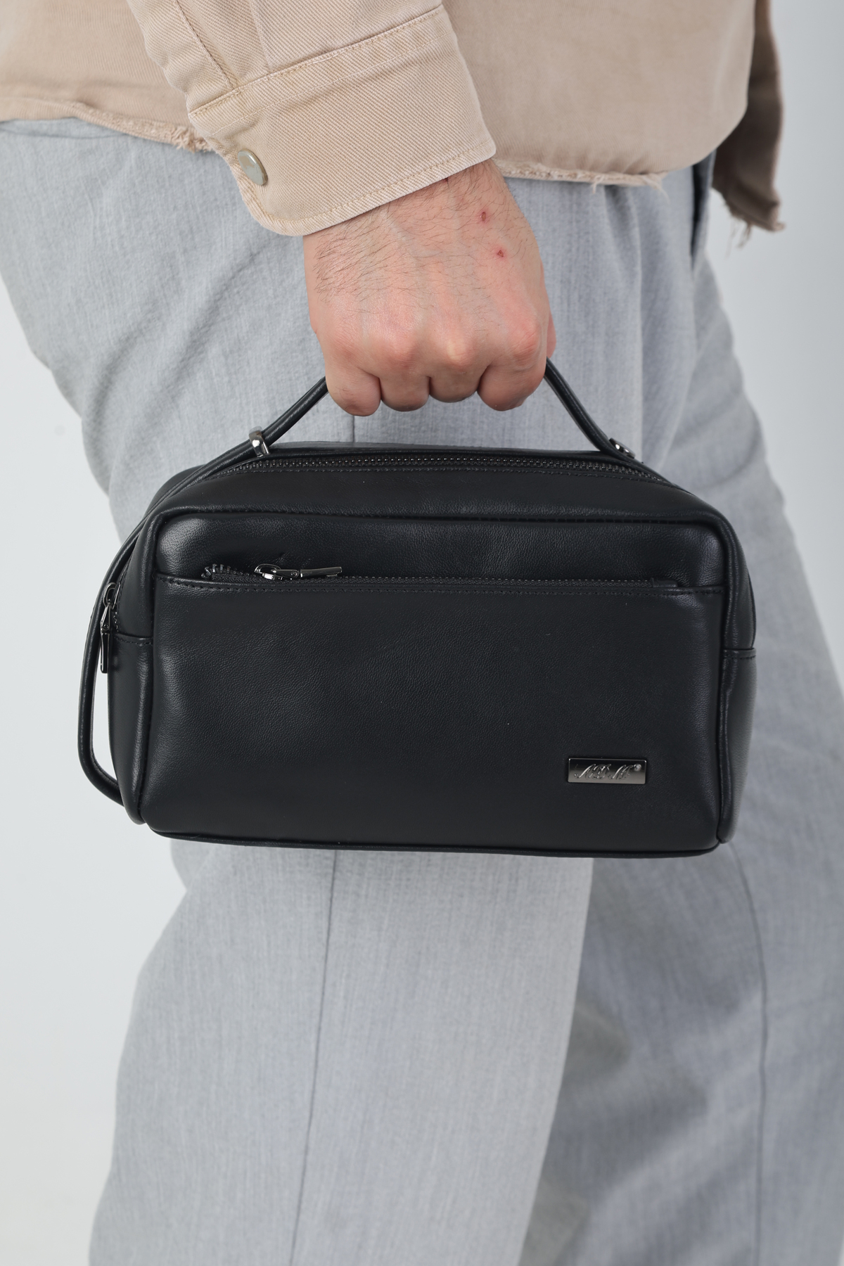 Erzeno  Hakiki Deri Siyah Erkek Hem El Çantası Hem Tıraş Çantası ( Tek Çantada Üç Özellik ) - Görsel 2