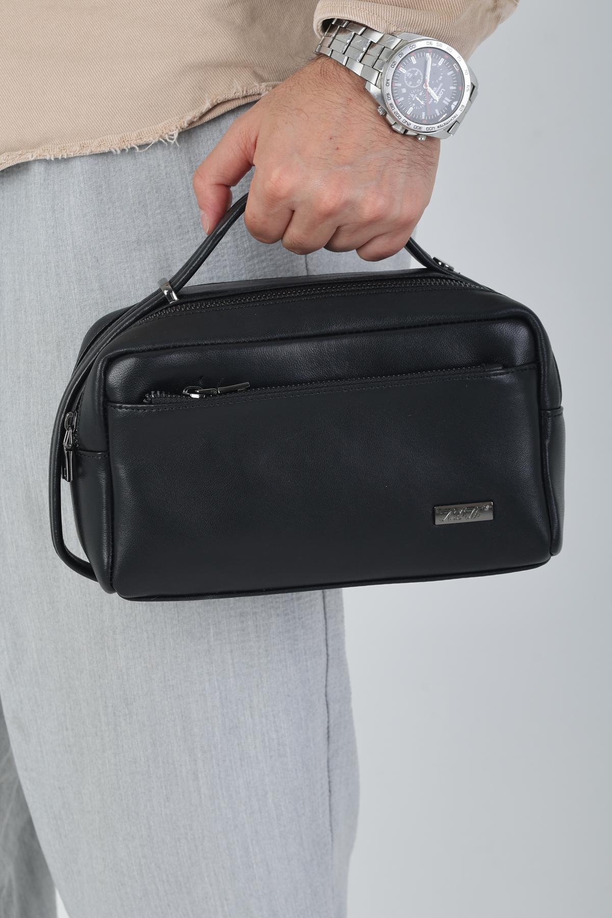 Erzeno  Hakiki Deri Siyah Erkek Hem El Çantası Hem Tıraş Çantası ( Tek Çantada Üç Özellik ) - Görsel 5