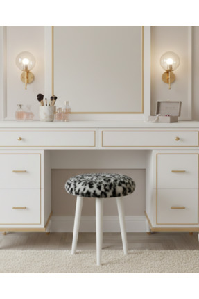 Zelda Makyaj Masası Pufu - Leopar Desenli Yumuşak Peluş Tabure - Masif Ayaklı...