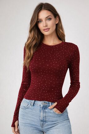 modam miss Kadın Taşlı Parmak Detaylı Uzun Kollu Likralı Body