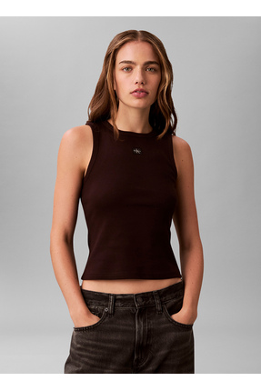 Calvin Klein Jeans Yuvarlak Yaka Düz Koyu Kahve Kadın Atlet WOVEN LABEL 2X2 B...