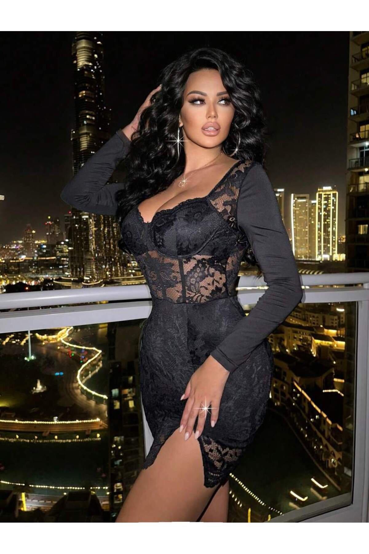 randevu  Cuplu Dantel Detaylı Mini Yırtmaçlı Elbise - Görsel 4