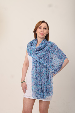 Mystic Shawl %100 Pamuk Mavi Renk Çiçek Desenli Çift Taraflı Şal (70x180 cm)