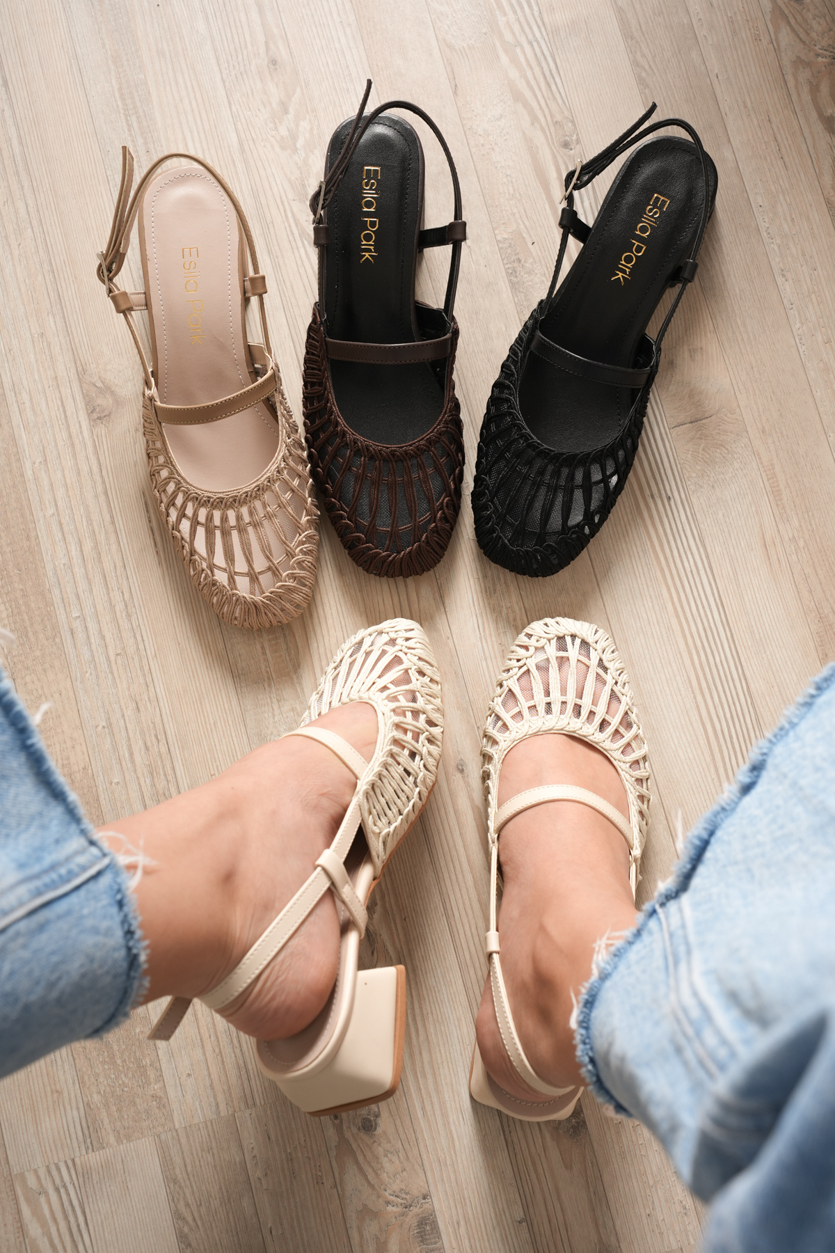 Esilapark  Siyah Kadın Sandalet Babet Kısa Kalın Topuklu Örgü - Görsel 6