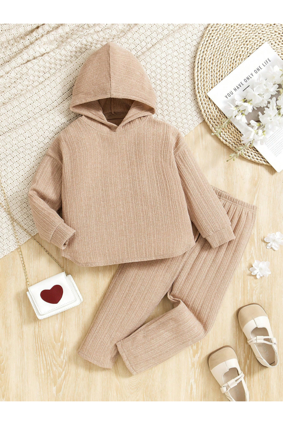 Take Two By Styli Girls Textured Hooded Top and Pants Set