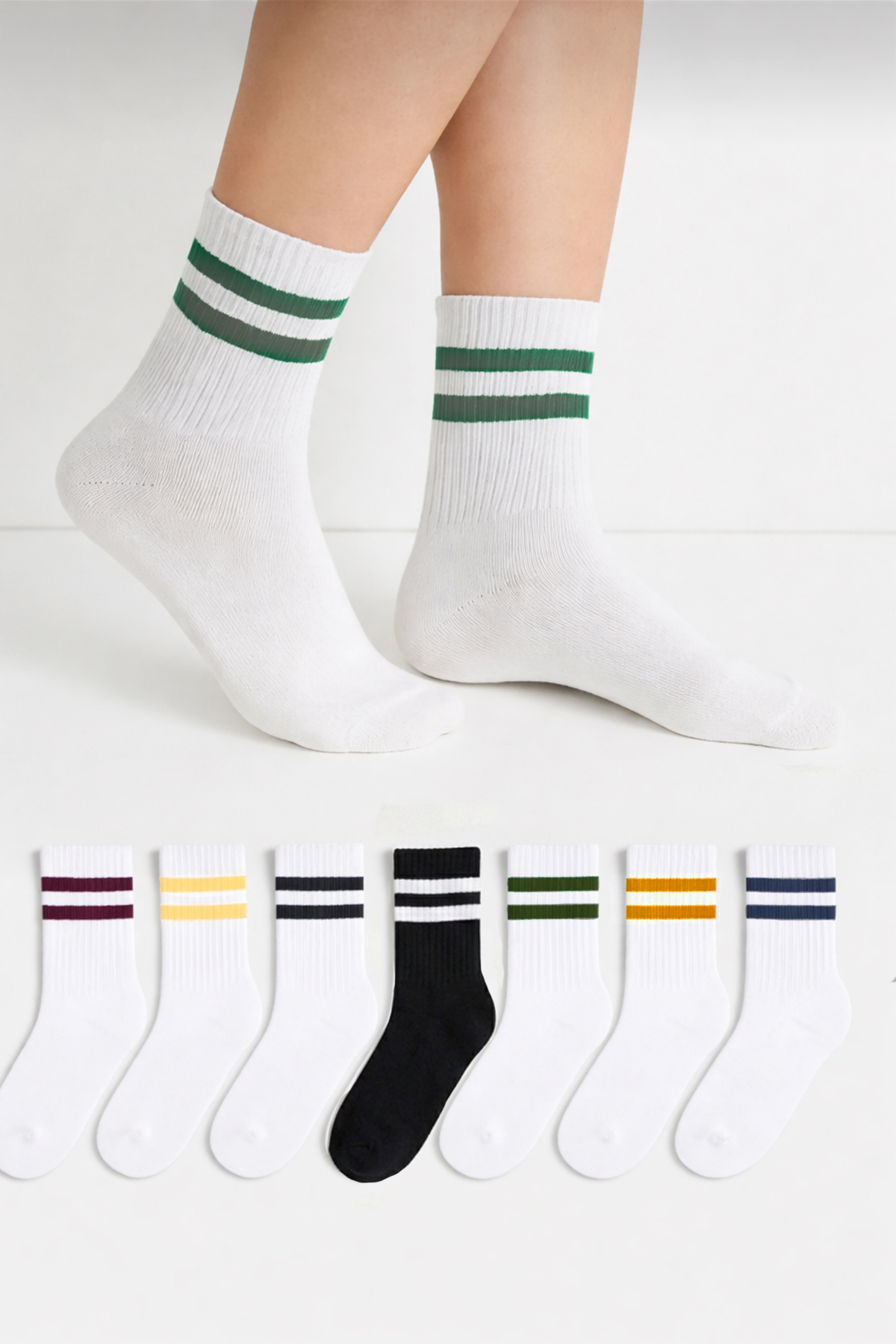 Meguca Socks 7 Çift Renkli Çizgili Pamuklu Spor Kolej Çorap Seti Unisex