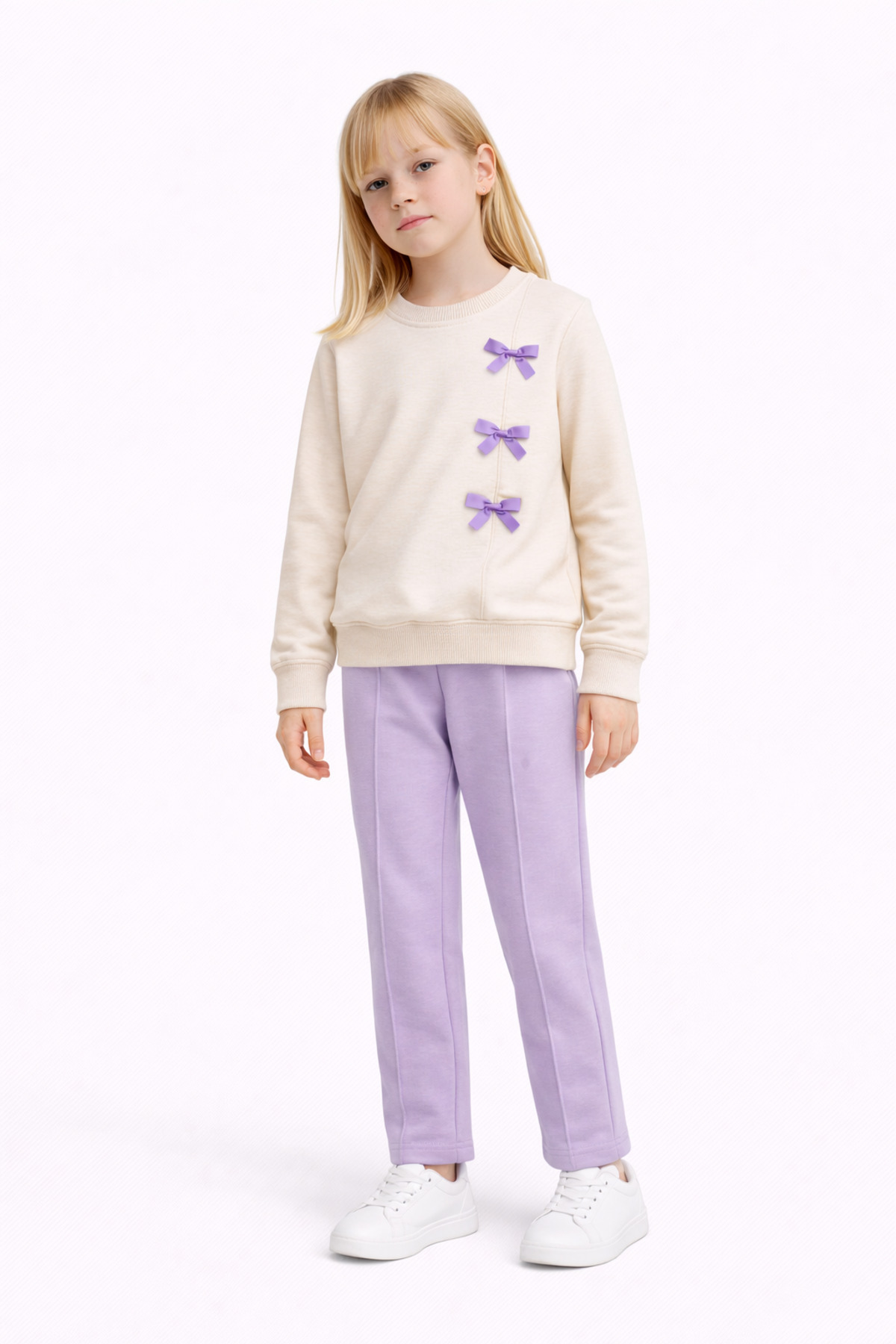Girls Ribbon Detailed Casual and Simple Tracksuit with Pants Pockets