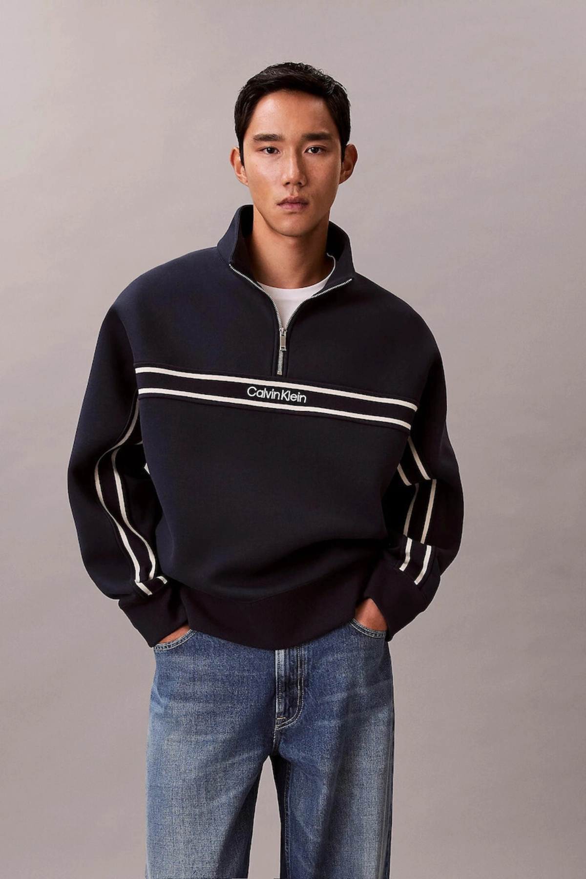 Calvin Klein Ls Cotton Spacer Stripe Rib Qtr Men's Black Sweatshirt