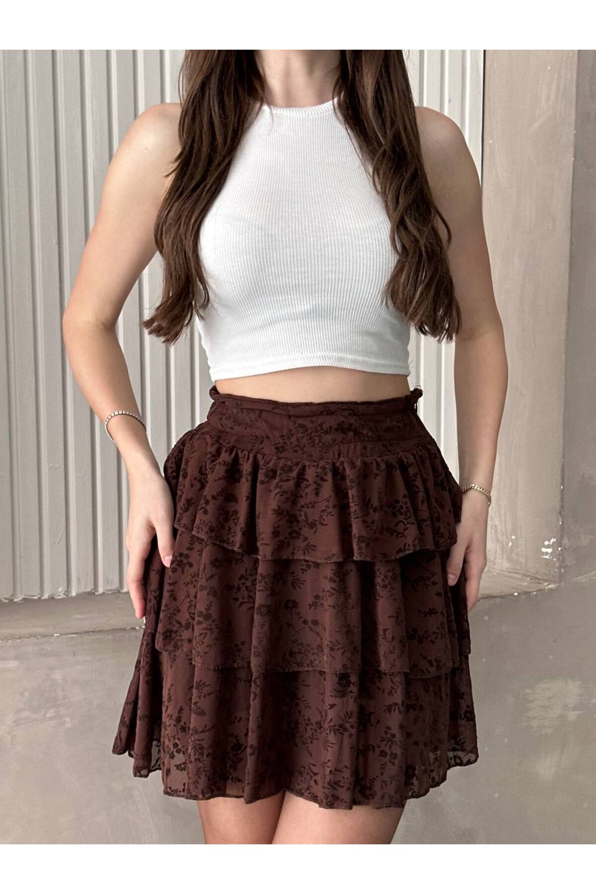 Women's Lace Patterned Skort Brown - Görsel 4