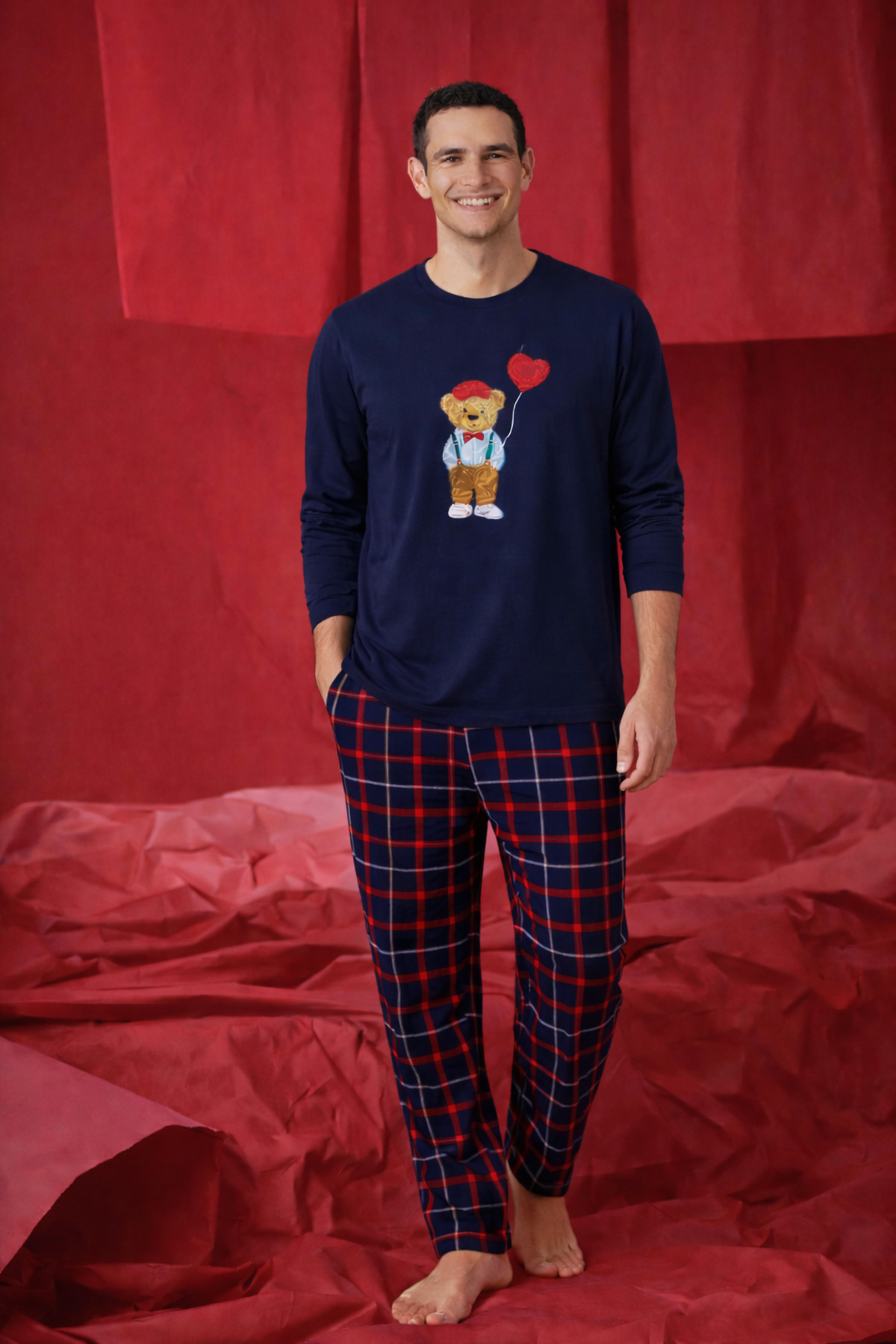 koza iç giyim Erkek Pamuklu Ayıcık Baskılı Ekose Desenli Pijama Takımı görsel 2