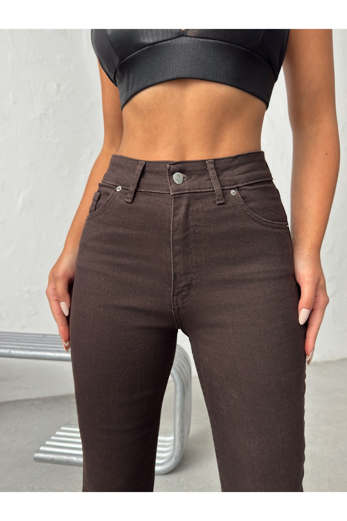 Swet Shop Jeans  Kadın Yüksek Bel Likralı Acıkahve İspanyol Paça Jean Pantolon - Görsel 7