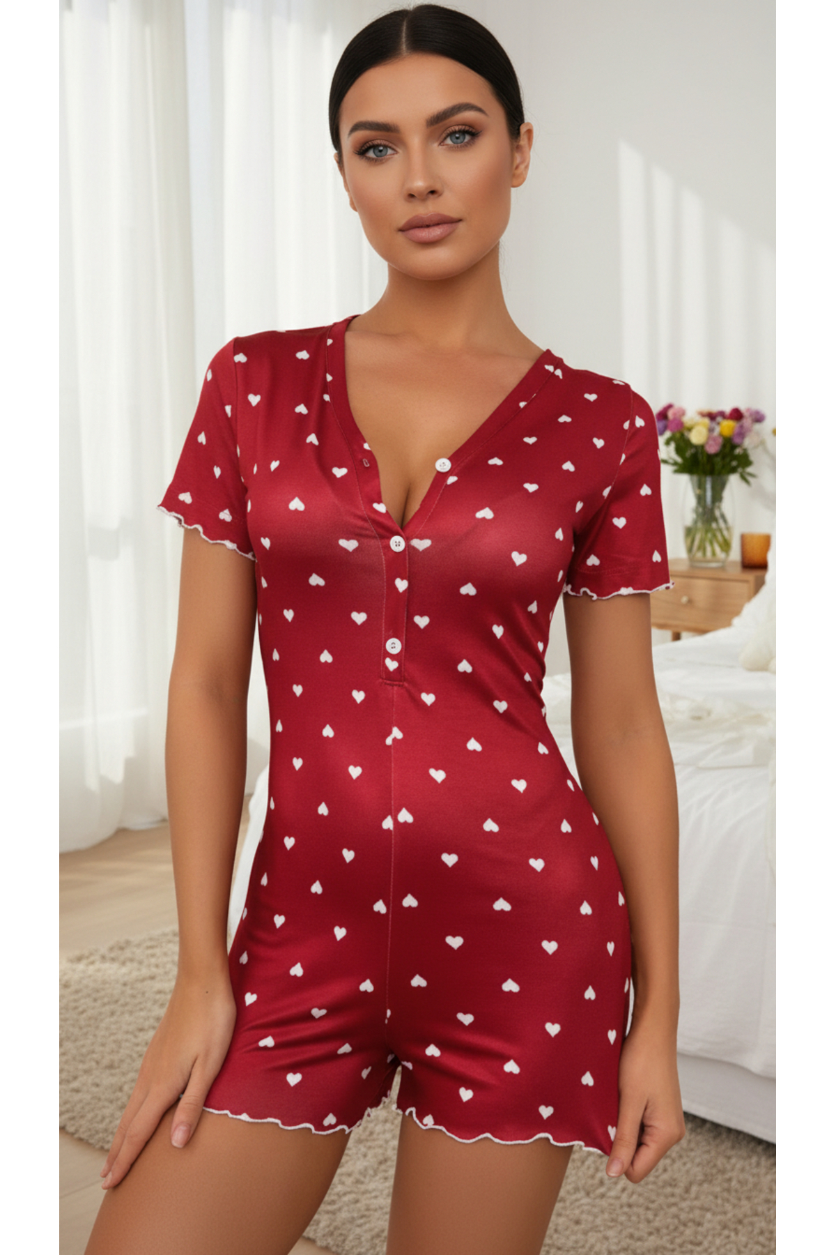 Orıella Kalp Desenli Kısa Şort Tulum Gecelik
