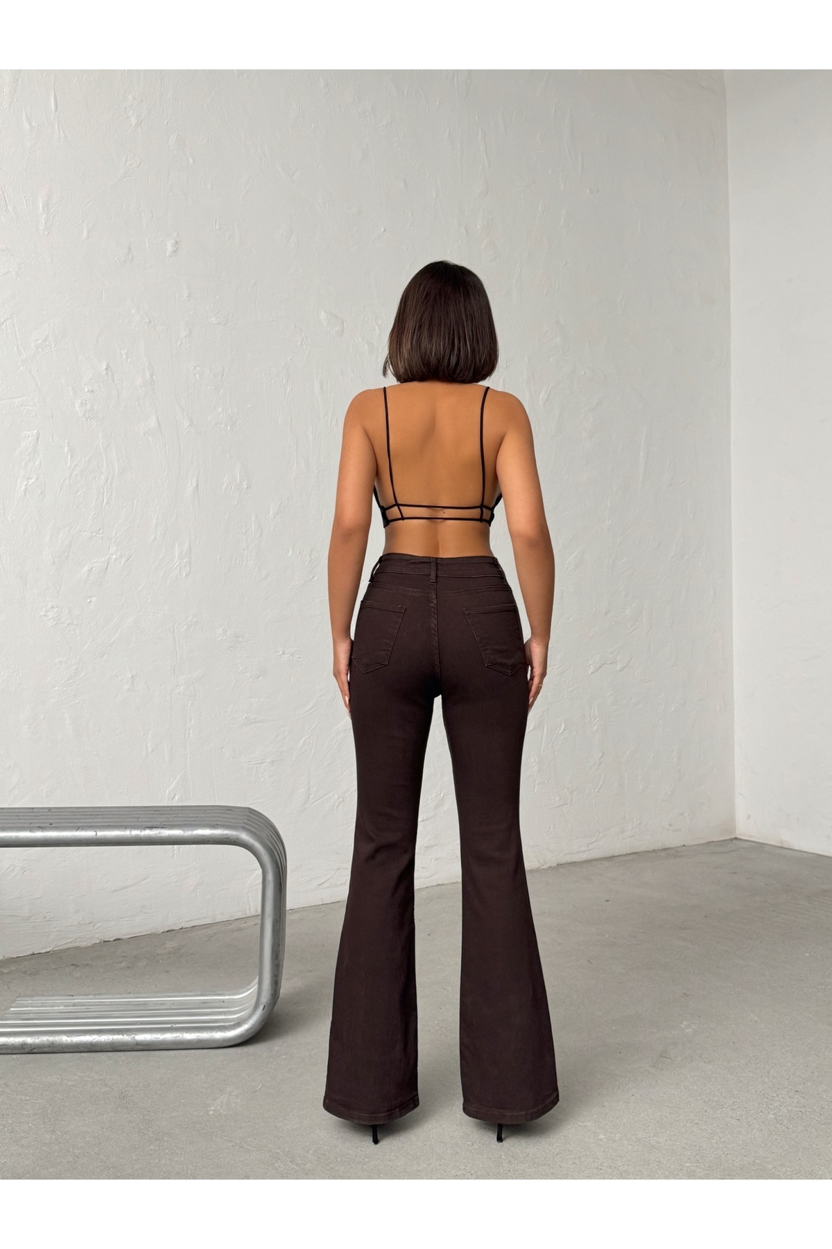 Swet Shop Jeans  Kadın Yüksek Bel Likralı Acıkahve İspanyol Paça Jean Pantolon - Görsel 5