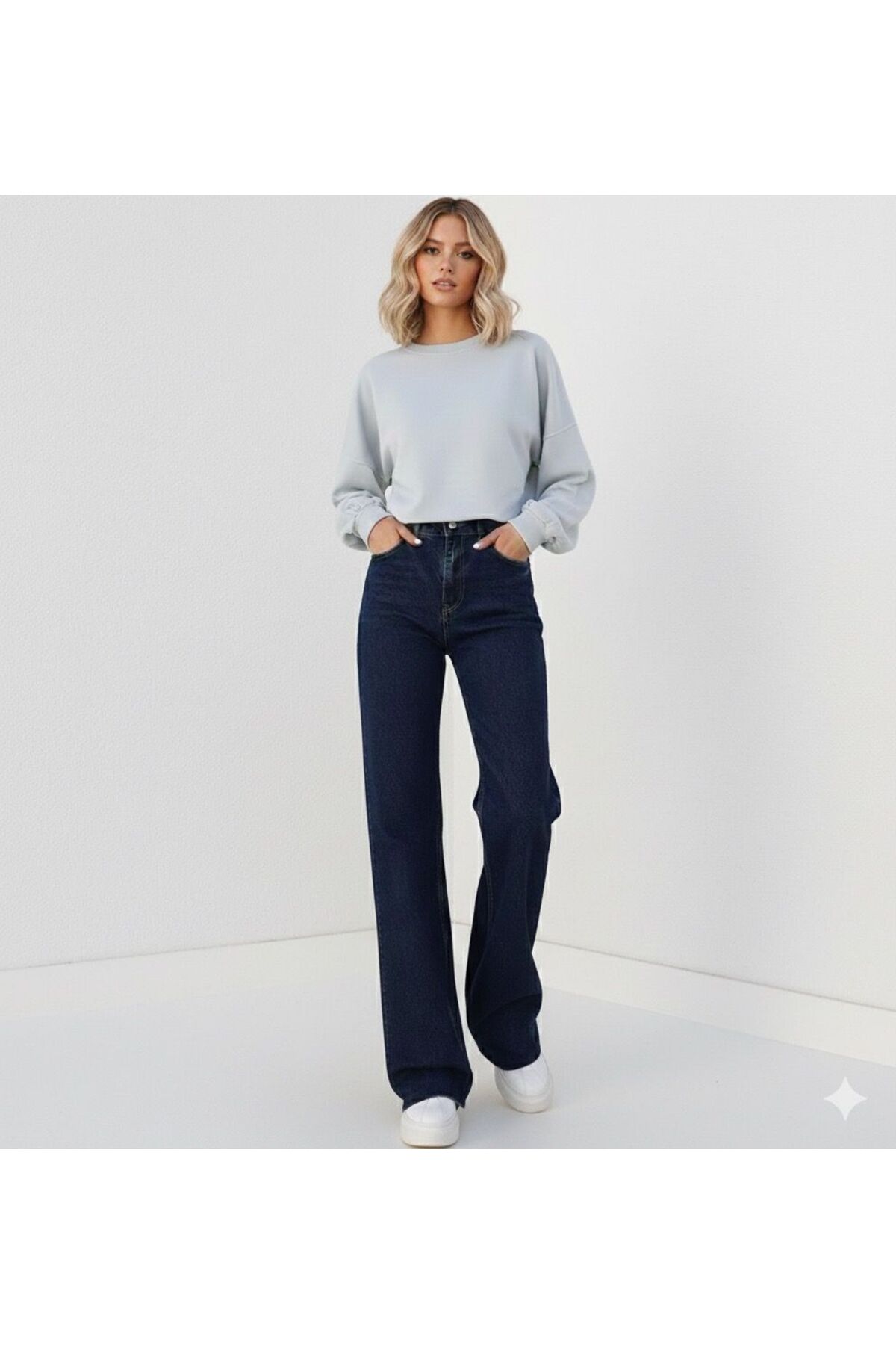 Navy Blue High Waist Loose Jeans Dark Blue Washing Palazzo Lycra Stretchy Jeans Fabric Navy Blue Jeans