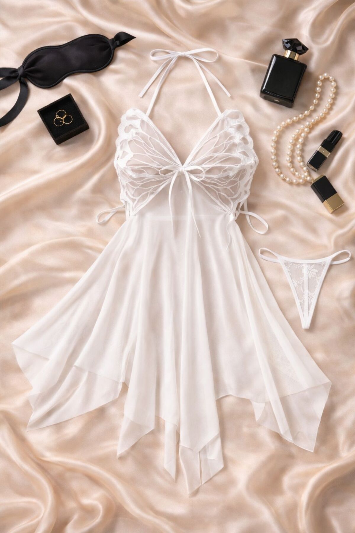 cdh çeyize dair herşey Lunessa Transparan Dantel Beyaz Babydoll Gecelik Takımı