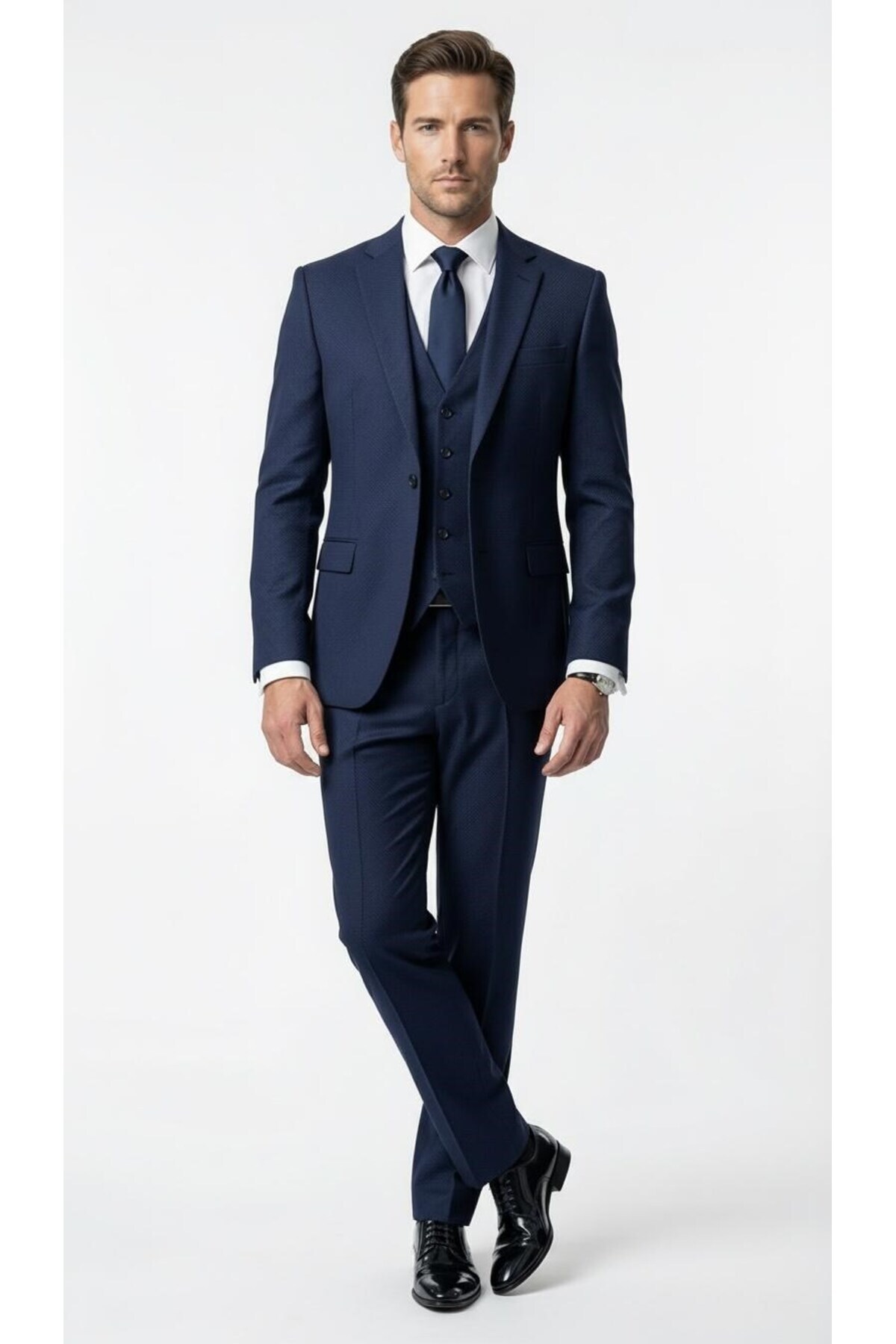 Plus Scorpion  Erkek Klasik Slim Fit Armürlü Kumaş Tek Düğmeli Çift Yırtmaçlı Klasik Yaka Takım Elbise 7 Drop - Görsel 5