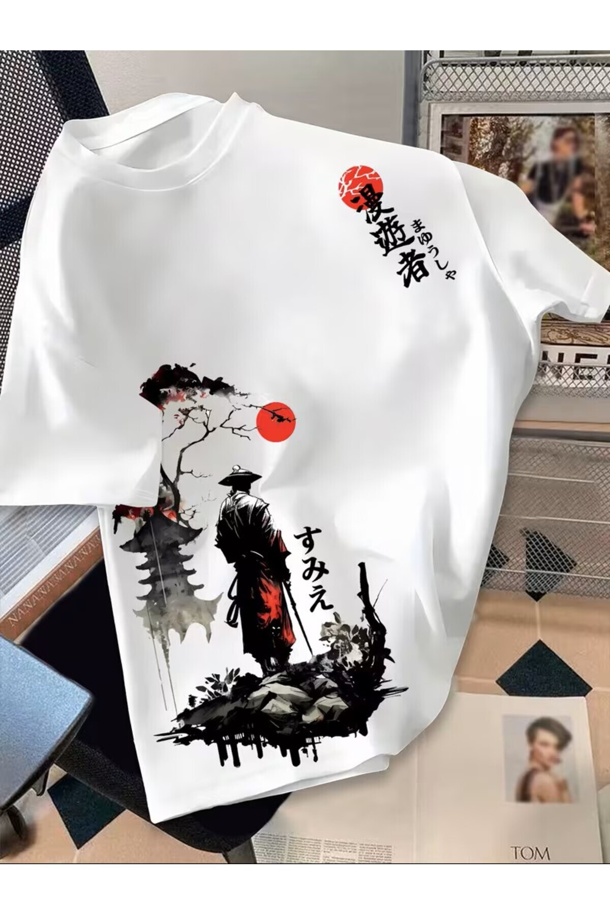 oneagılyazı Tişört, Sokak Stili "Gezgin" Japon Samuray Temalı Baskılı Tişört