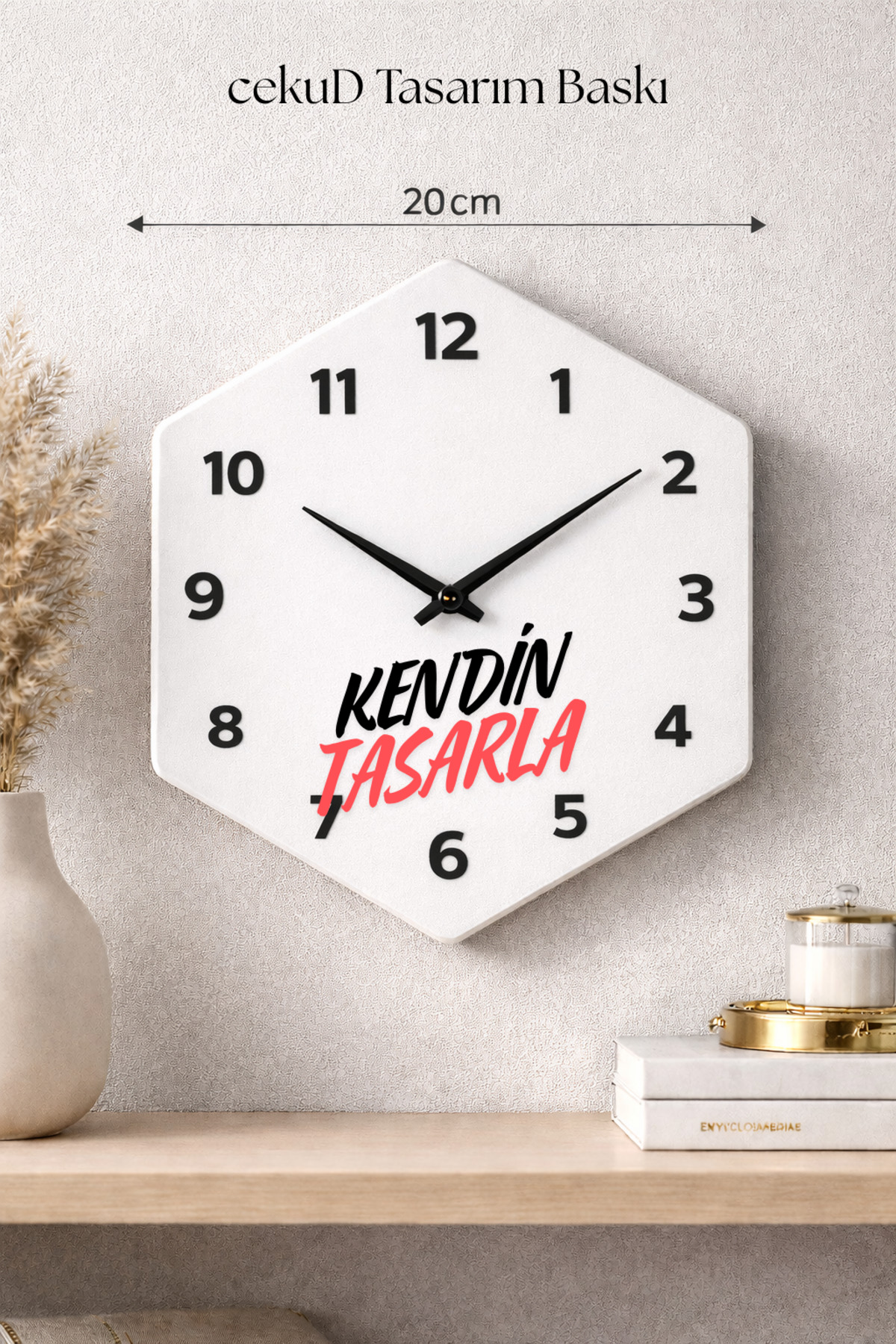 20 cm Design Yourself MDF Wall Clock – Personalized Print – Hexagonal Clock with Photo & Names