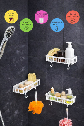 Cherie Home Yapışkanlı Plastik Üçlü Banyo Düzenleyici Duşakabin Rafı, Kancalı...