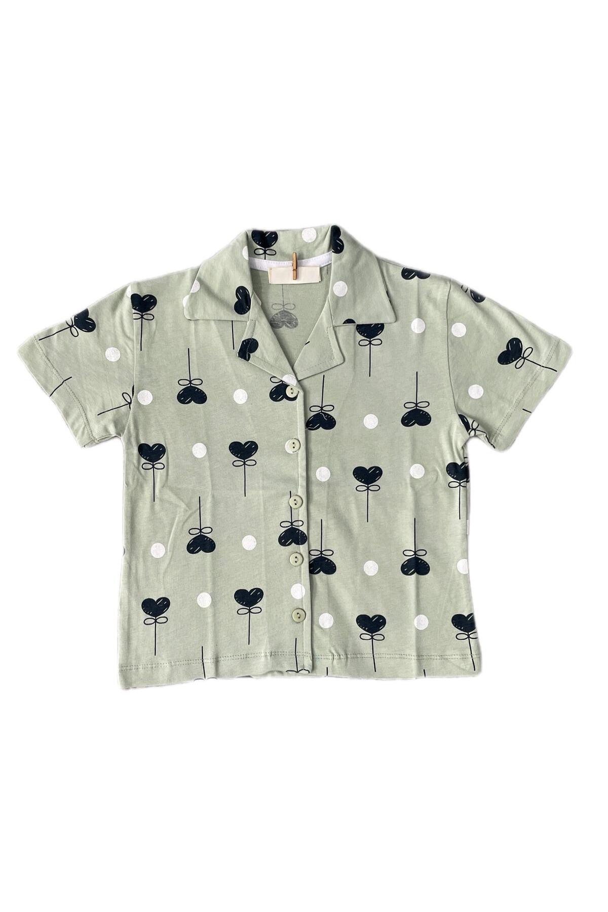 byalisdmr KIZ ÇOCUK PİJAMA TAKIMI YEŞİL %100 PAMUK SÜPREM KUMAŞ KALP DESEN KISA KOLLU GÖMLEK YAKA fotoğrafı 3 (önizleme)