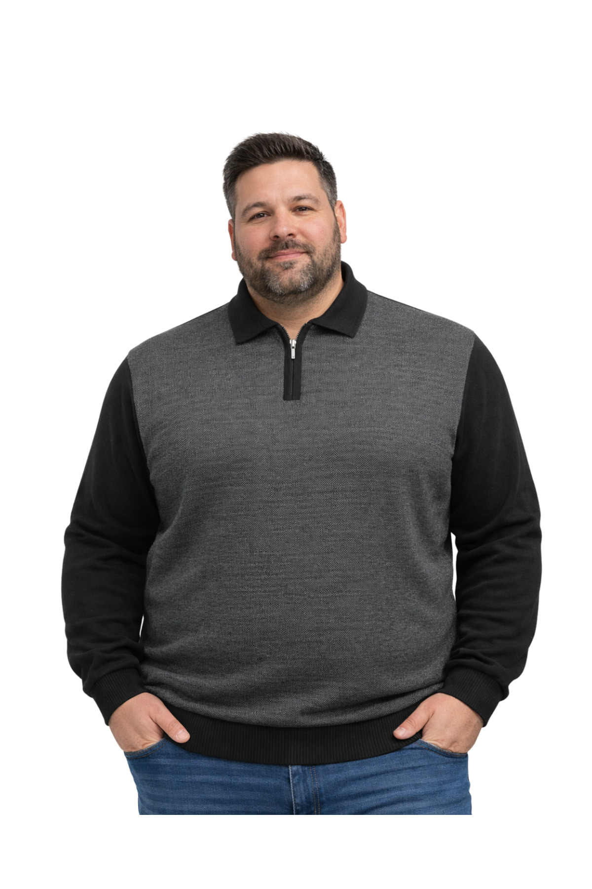 BattalModa Erkek Büyük Beden Siyah Polo Yaka Fermuarlı Triko Kazak 5XL-6XL-7XL-8XL