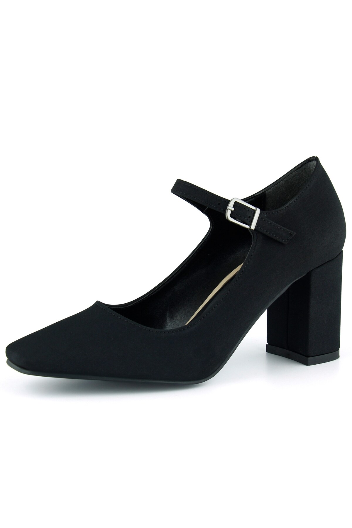 Erkan Saçmacı  Mary Jane Siyah Krep Kare Burun Bantlı Kalın Topuklu Klasik Ayakkabı - Görsel 4