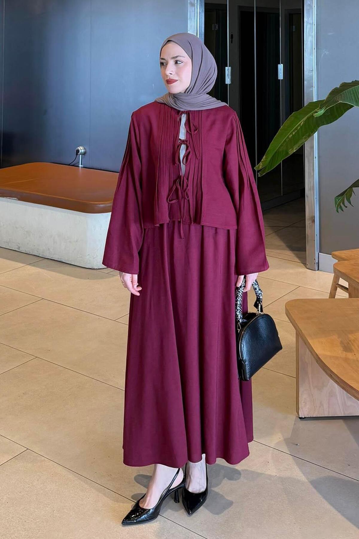 Lamelif Pleated Tie-Dye Detailed Suit in Burgundy