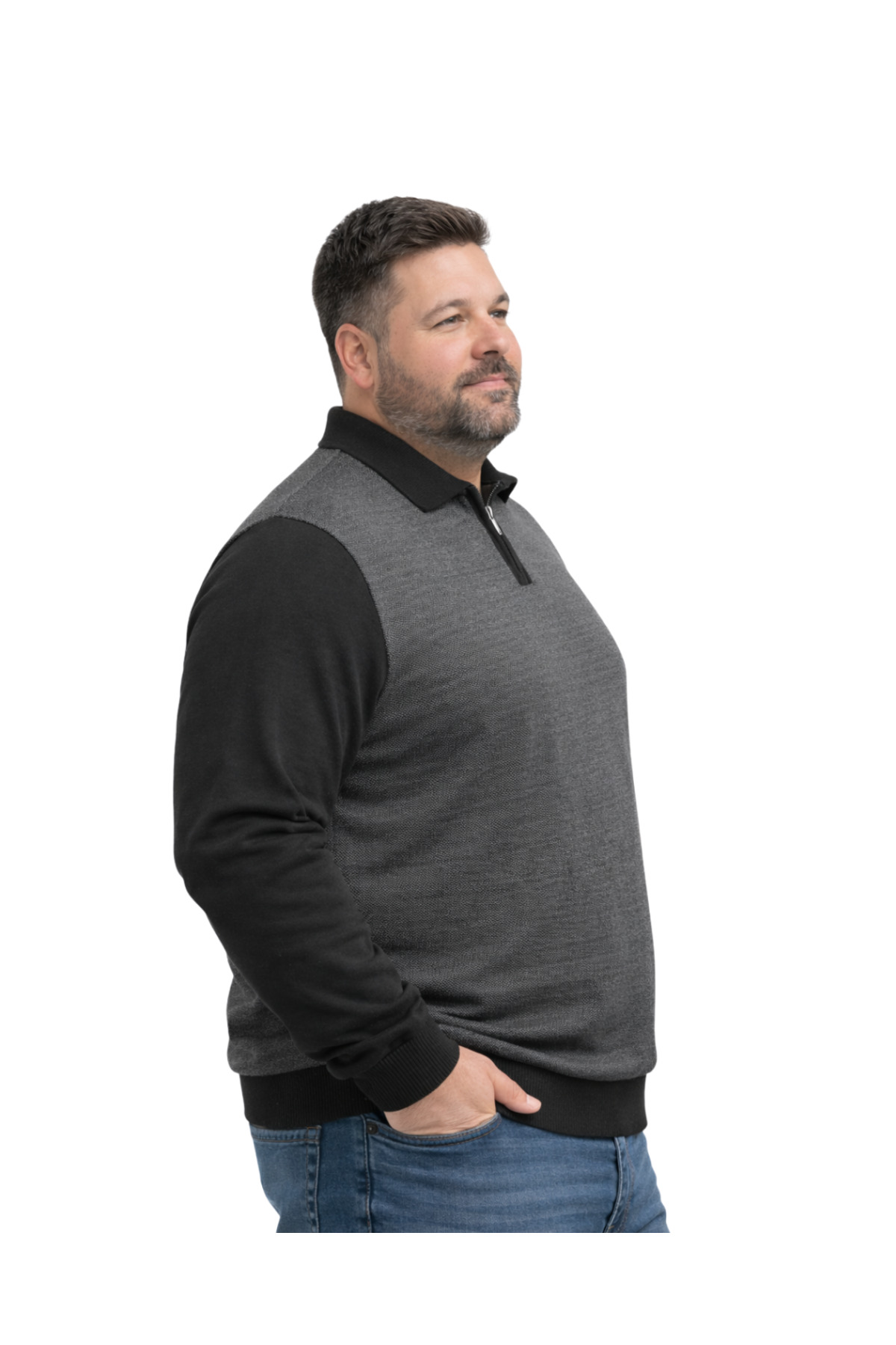 BattalModa Erkek Büyük Beden Siyah Polo Yaka Fermuarlı Triko Kazak 5XL-6XL-7XL-8XL görsel 2