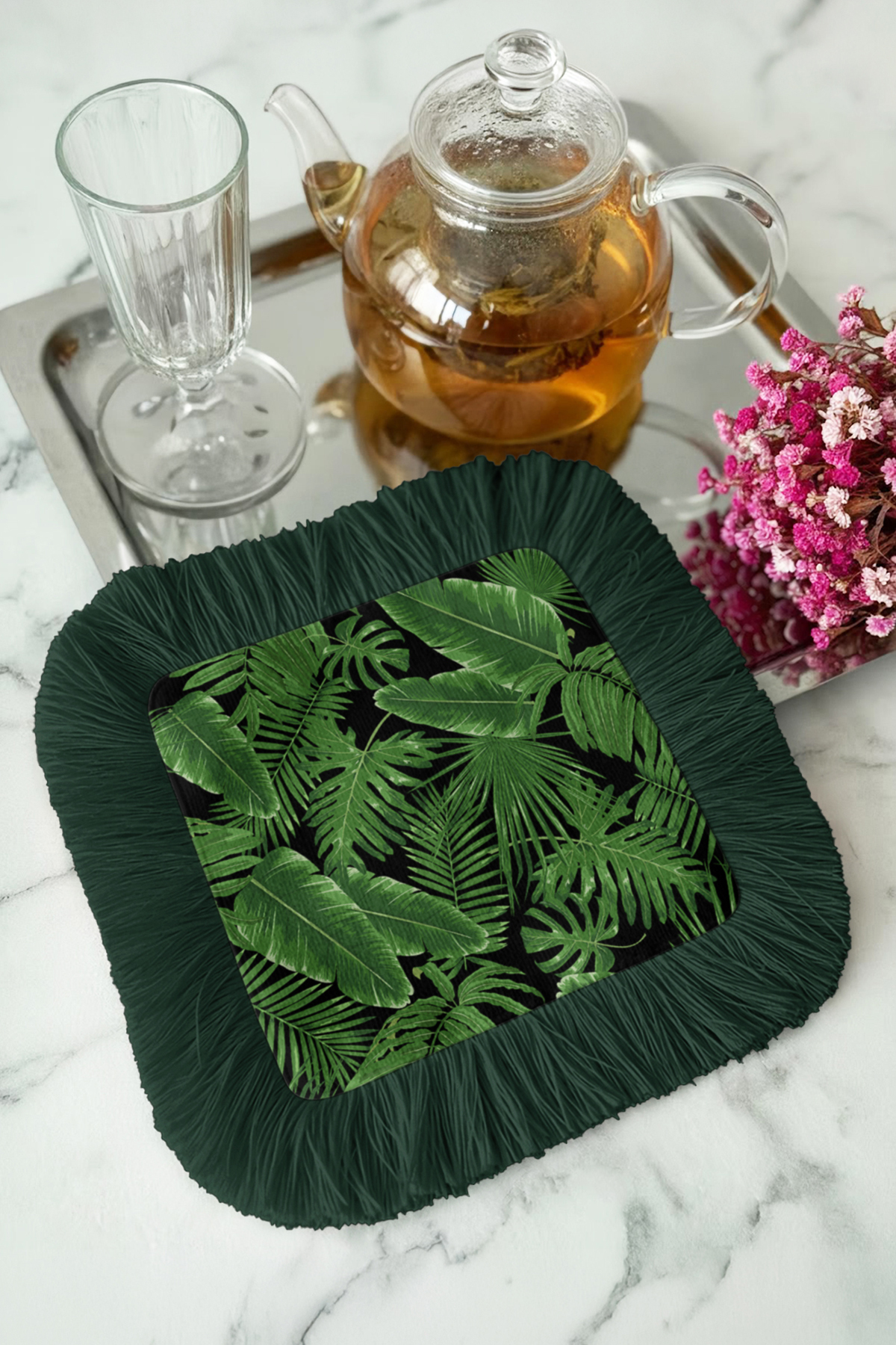 Tropical Leafy Fringed Serving Napkin-Natural Green Bohemian Dark Green Coaster Serving Wipes