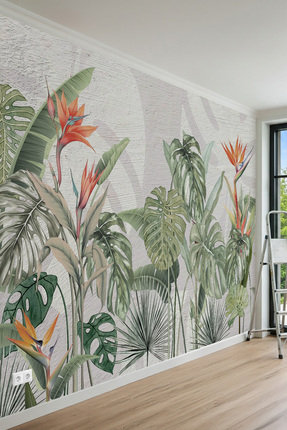 MİRAZAWALL Monstera Yaprak Desenli Cennet Kuşu Çiçekli Tek Parça Tekstil Duva...