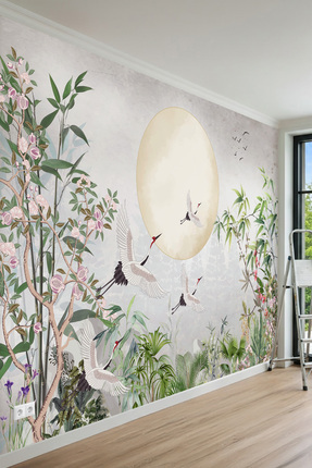 MİRAZAWALL Japon Turna Kuşları ve Ay Desenli Tek Parça Tekstil Duvar Kağıdı