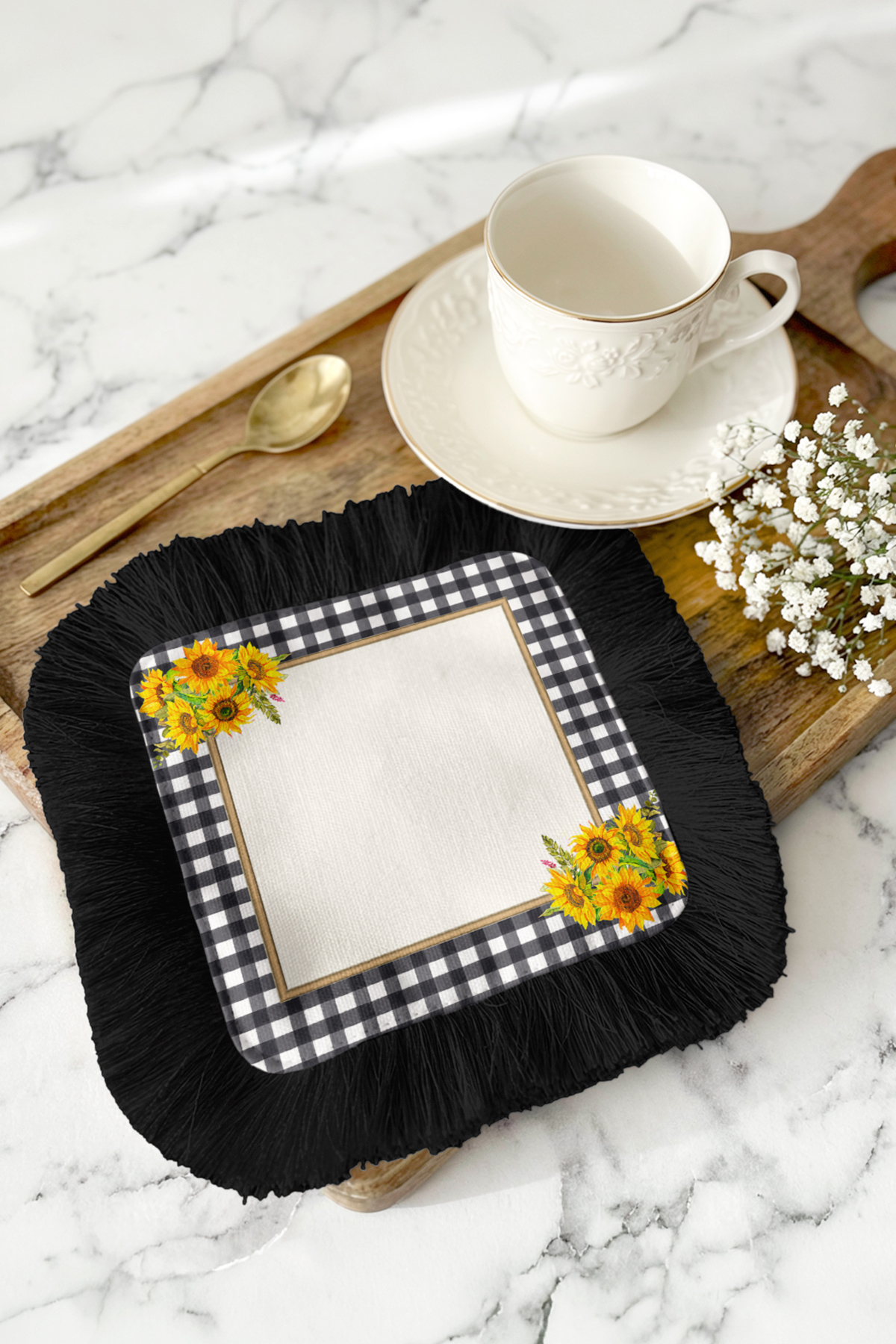 Country Plaid Sunflower Pattern Fringed Serving Napkin-Rustic Flower Motif Black Coaster Handkerchief