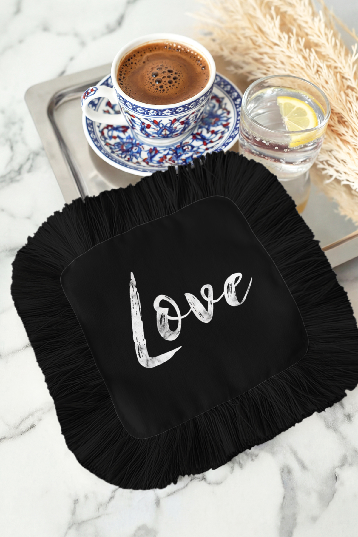 Love Fringed Coffee Side Presentation Cocktail Napkin - Stylish Modern Black White Coaster Handkerchief