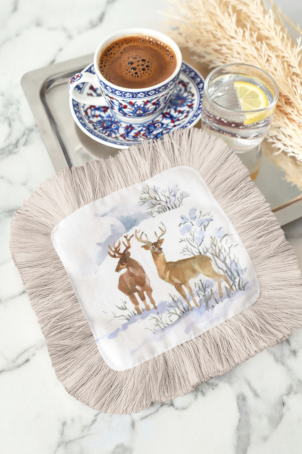 Winter Forest Fringed Decorative Fabric Napkin - Pastel Nature Bohemian Grey White Coaster Handkerchief