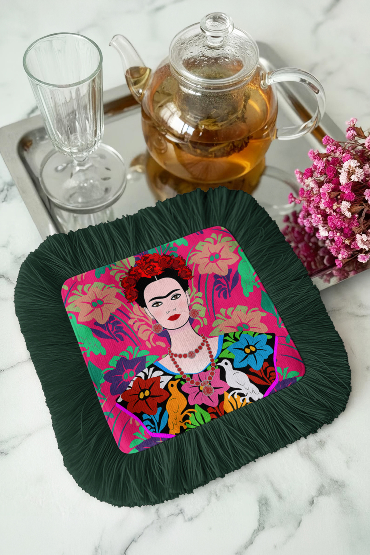 Artistic Floral Fringed Coffee Side Service Napkin - Colorful Portrait Bohemian Dark Green Serving Wipes