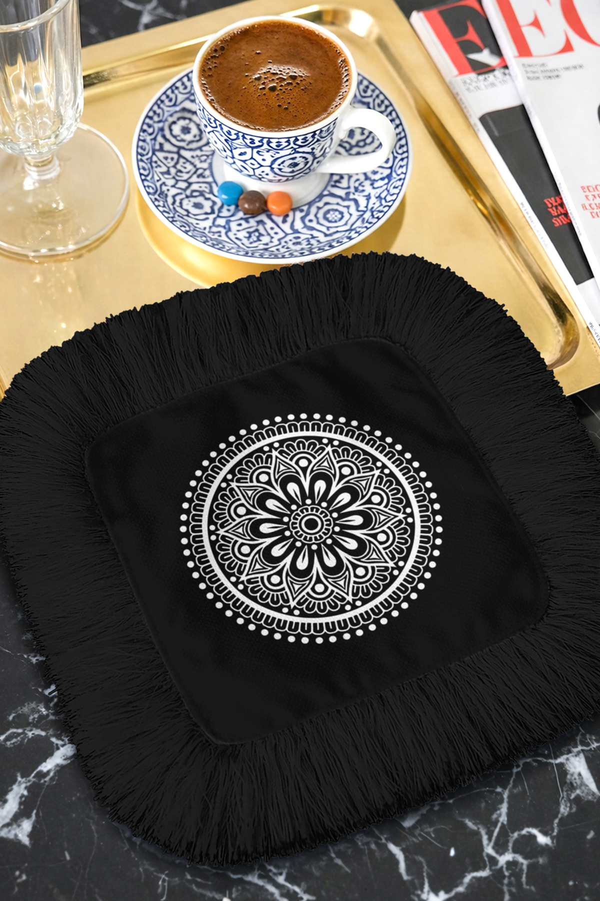 Mandala Motif Luxury Bohemian Serving Napkin with Fringe - Black and White Bohemian Coaster Handkerchief