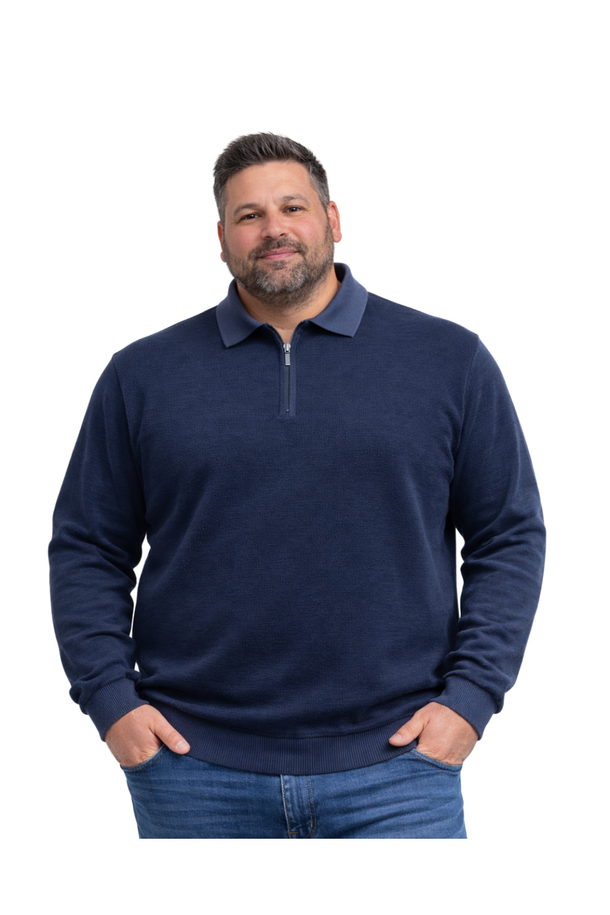 BattalModa Erkek Büyük Beden Melanj Lacivert Polo Yaka Fermuarlı Triko Kazak 5XL-6XL-7XL-8XL