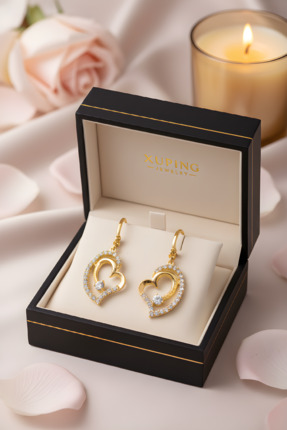 XP XUPİNG Aura Lüks Xuping Taşlı Kalp Küpe Gold Kaplama Sallantılı Zirkon Taş...