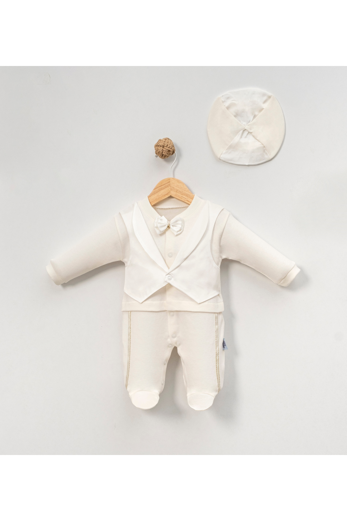 jijek baby kids Erkek Bebek Ekru Smokin Tulum – Papyonlu Yelekli Şapkalı Hastane Çıkışı & Özel Gün Mevlüt Takımı fotoğrafı 2 (önizleme)