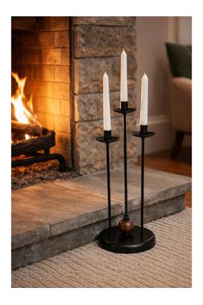 DEDE ÜÇLÜ AHŞAP TOP DETAYLI METAL ŞAMDAN MUMLUK