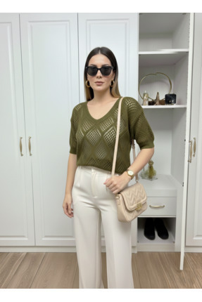 Dier Moda Kadın V Yaka Transparan Detaylı Merserize Triko Tişört Yazlık Delik...