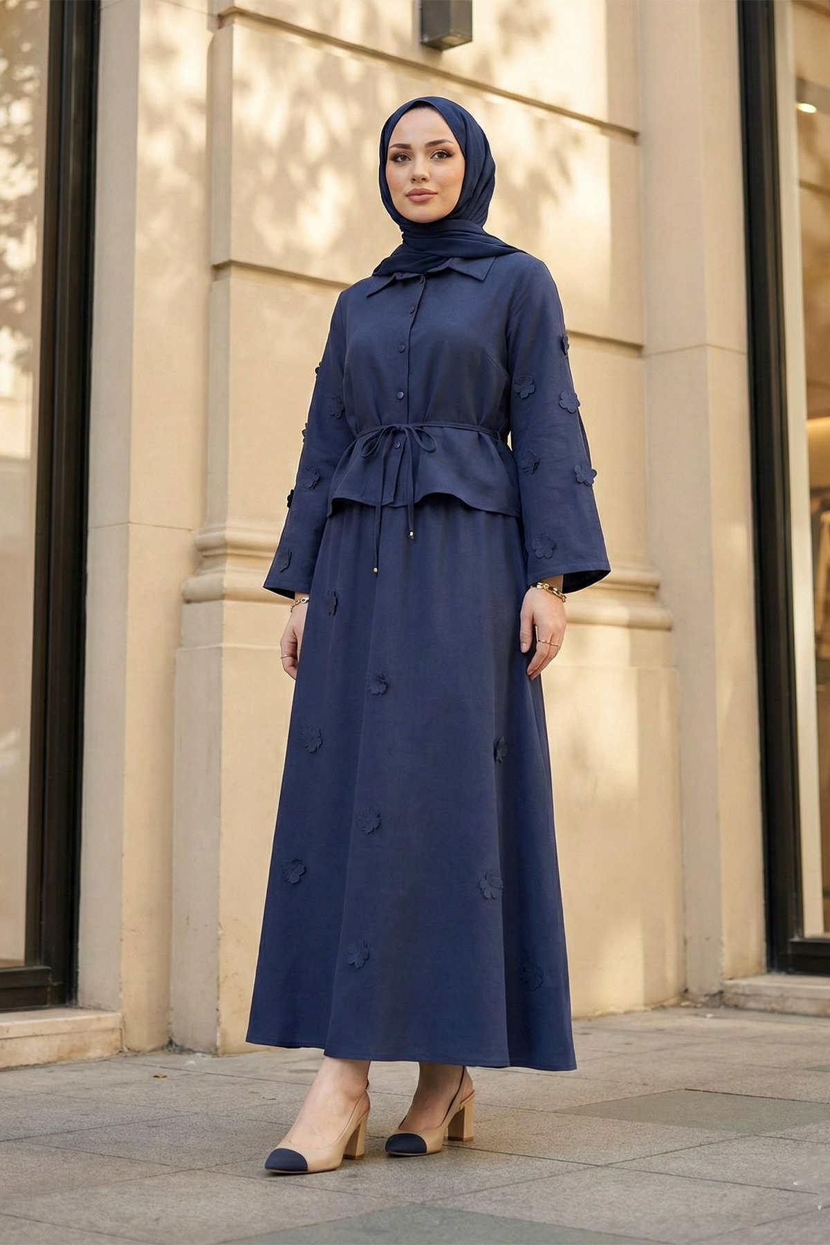 2pcs Modal Navy Blue Set with Flower Detail Skirt