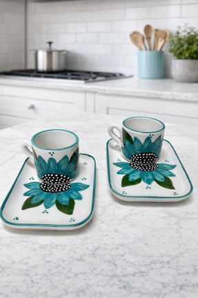 FERZANE CERAMİC El Boyaması Turkuaz Ayçiçeği Desenli 2 Kişilik Fincan ve Sunu...