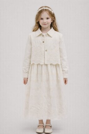 Tarz Çocuk Kız Çocuk Ekru Ceketli Uzun Elbise 7-14 Yaş – Tesettüre Uygun Brod...