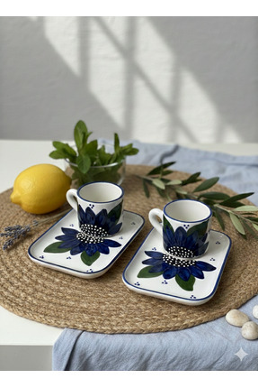 FERZANE CERAMİC El Boyaması Lacivert Çiçek Desenli 2 Kişilik Seramik Türk Kah...