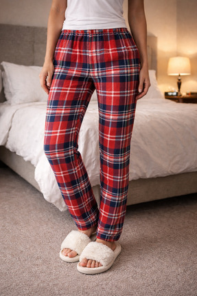 MODABOX %100 Pamuk Kırmızı Ekoseli Örme Kadın Pijama Altı