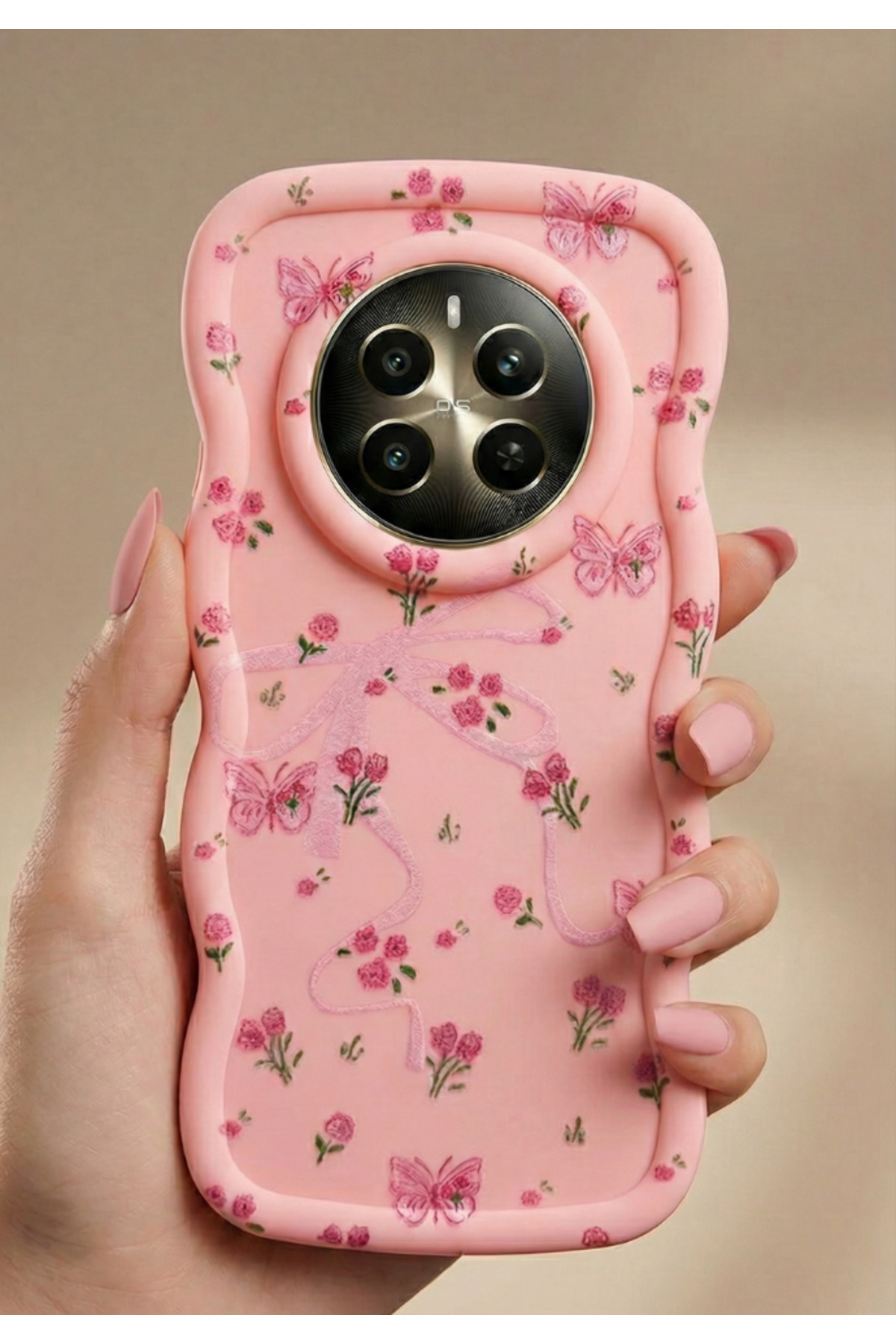 Realme 12 5G & Realme 12 Plus Case Camera Protruding Ribbon And Flower Embossed Silicone Cover