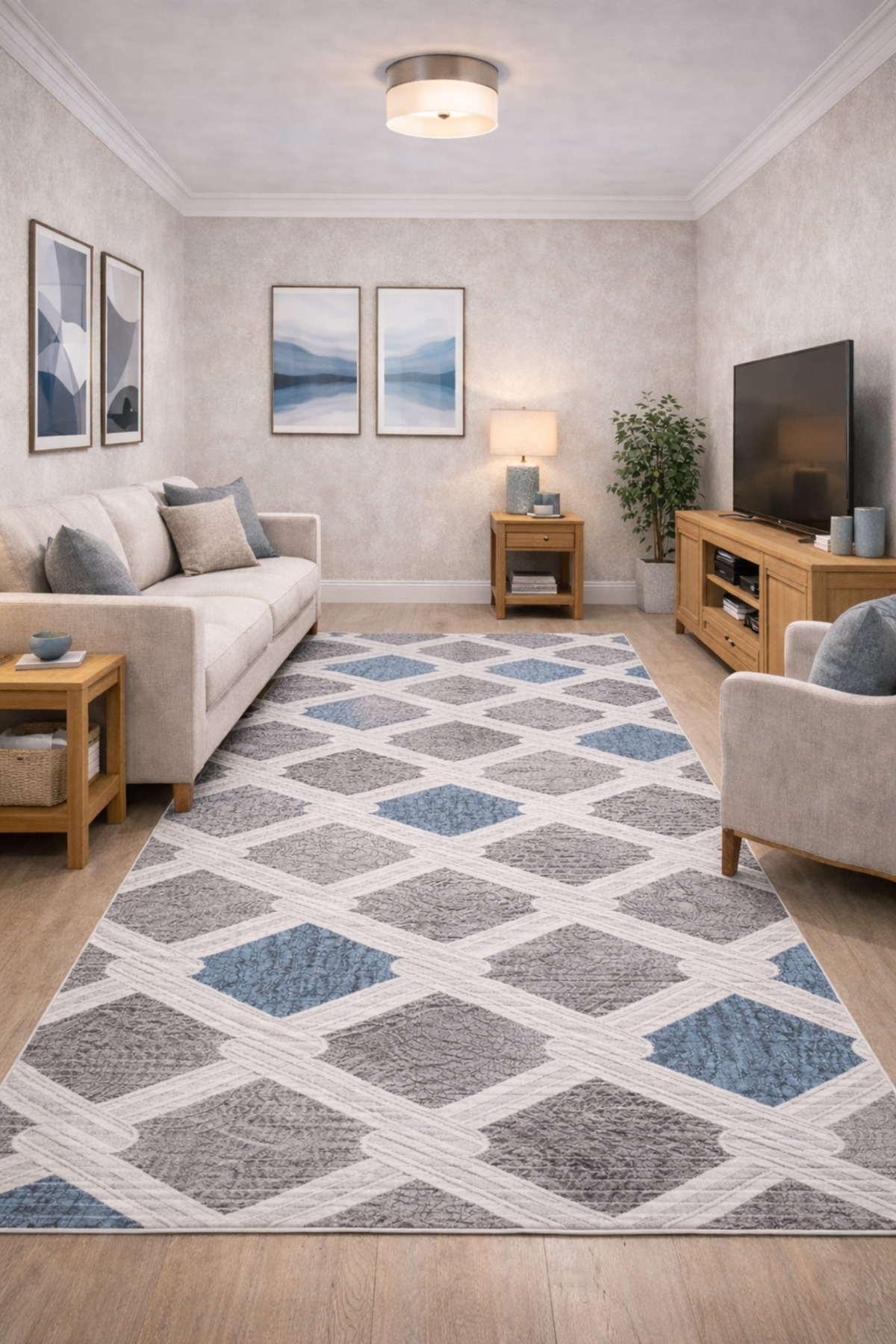 Living Room Rug 6011 Blue Anti-Slip Base Washable Stainproof Special Size Decorative