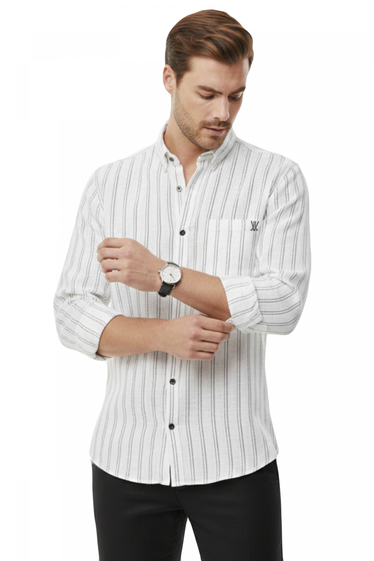 Black Casual Striped Men's Shirt – Wooden Buttoned Natural Textured with Pockets New Season 2602623